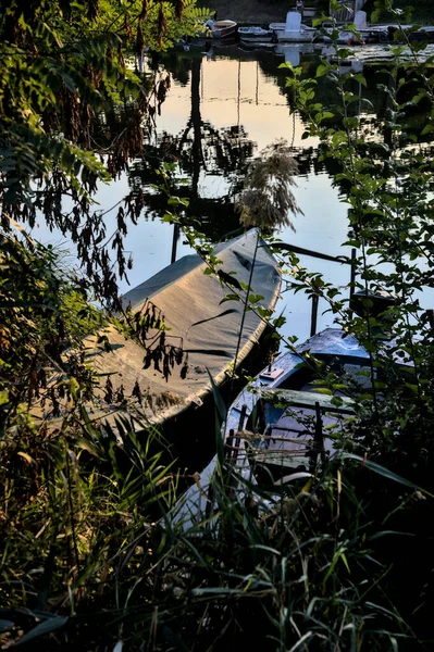 Aangemeerde Boot Een Meer Bij Zonsondergang Omlijst Door Boomtakken — Stockfoto