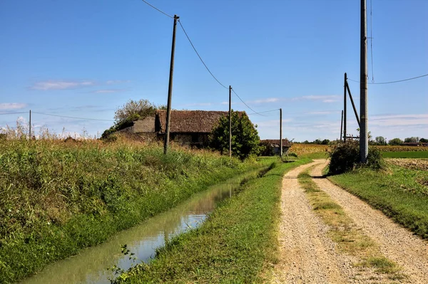 Terk edilmiş bir malikaneye giden yol açık bir yaz gününde su ve tarlalarla çevrili.