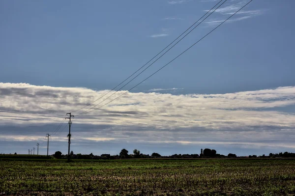 雲のある晴れた日に遠くから見える畑の真ん中の木に囲まれた農場 — ストック写真