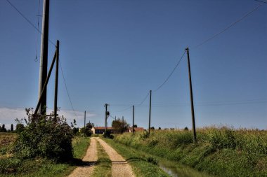Açık bir günde İtalya kırsalında tarlaların yanında toprak yol ve bir su deresi.