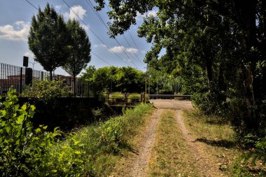 Ağaçlar ve çalılarla çevrili toprak yol ve bulutlarla dolu açık bir günde İtalya kırsalında bir su akıntısı.