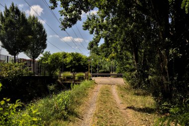 Ağaçlar ve çalılarla çevrili toprak yol ve bulutlarla dolu açık bir günde İtalya kırsalında bir su akıntısı.