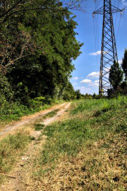İtalya 'nın kırsal kesimlerinde elektrik direği olan bir su akıntısıyla çevrili toprak yol.