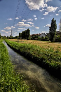 Bir su akıntısının yanındaki toprak yol ve açık bir günde üzerinde selvi olan açık bir alan.