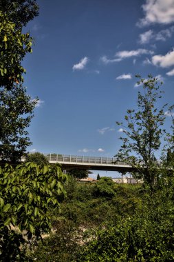 Ağaçlar ve açık gökyüzü tarafından çerçevelenmiş kırsalda küçük bir viyadük.