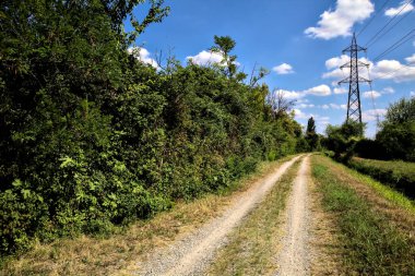 İtalya 'nın kırsal kesimlerinde elektrik direği olan bir su akıntısıyla çevrili toprak yol.