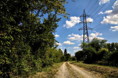 İtalya 'nın kırsal kesimlerinde elektrik direği olan bir su akıntısıyla çevrili toprak yol.