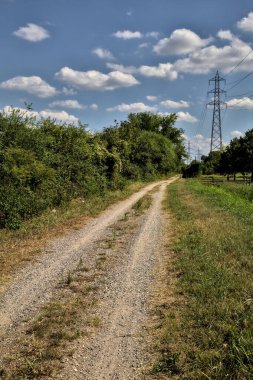 Ağaçlar ve çalılarla çevrili toprak yol ve bulutlarla dolu açık bir günde İtalya kırsalında bir su akıntısı.