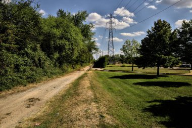 Açık bir günde ağaçlarla çevrili bir elektrik direği olan toprak yol.