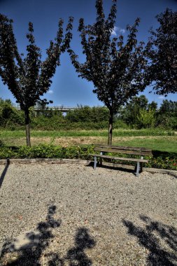 Açık bir günde ağaçlarla ve gül çalılarıyla çevrili ahşap bankları olan küçük bir meydan.