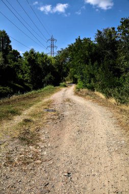 İtalya 'nın kırsal kesimlerinde elektrik direği olan bir su akıntısıyla çevrili toprak yol.
