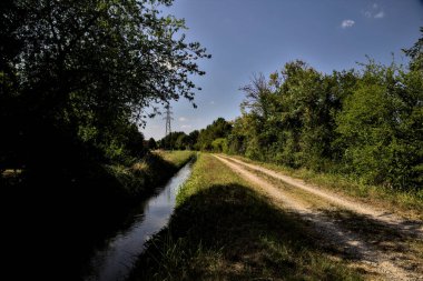 Ağaçlar ve çalılarla çevrili toprak yol ve bulutlarla dolu açık bir günde İtalya kırsalında bir su akıntısı.
