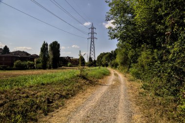 Bir su akıntısının yanındaki toprak yol ve açık bir günde üzerinde selvi olan açık bir alan.