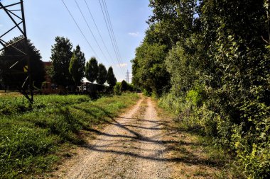 İtalya 'nın kırsal kesimlerinde elektrik direği olan bir su akıntısıyla çevrili toprak yol.