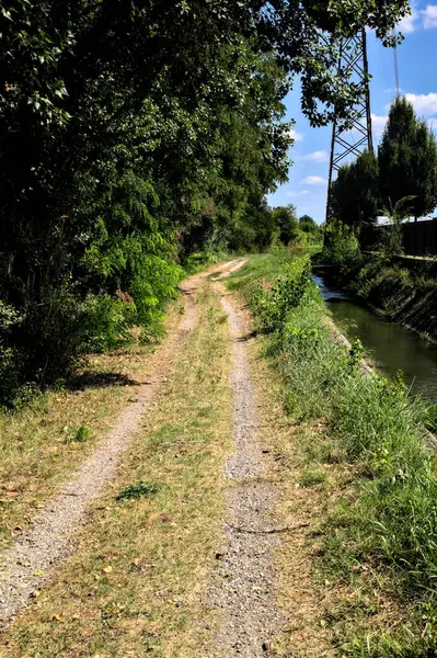 Dirt Path Bordered Stream Water Electricity Pylon Italian Countryside — Stock Photo, Image