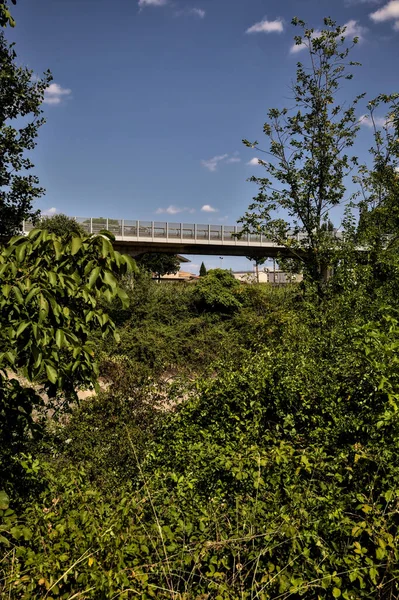 Liten Viadukt Landsbygden Inramad Träd Och Klar Himmel — Stockfoto