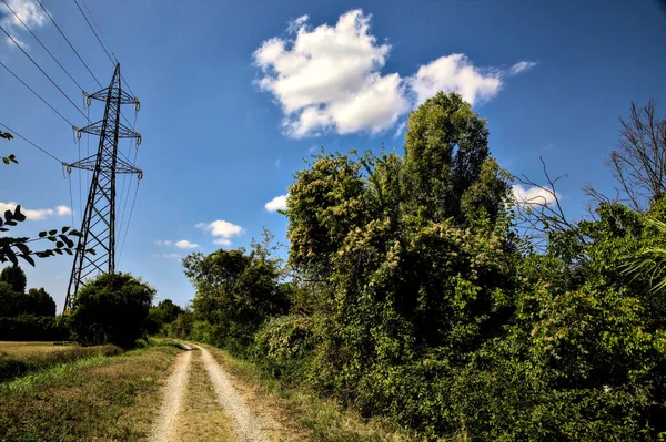 Camino Tierra Bordeado Por Arroyo Agua Con Pilón Electricidad Campo — Foto de Stock