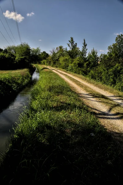 Schotterpfad Gesäumt Von Bäumen Und Büschen Und Einem Wasserlauf Der — Stockfoto