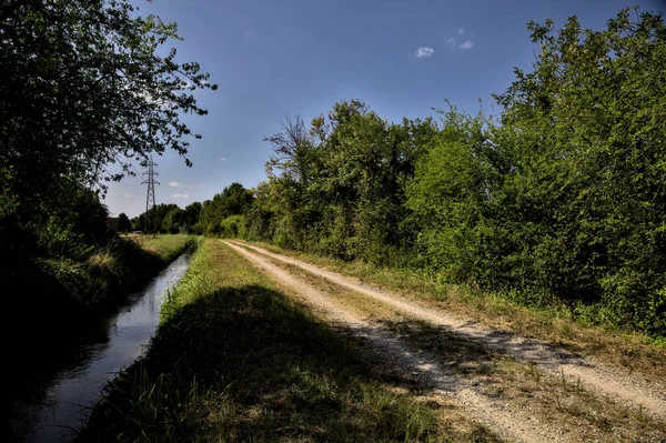 Sentiero Sterrato Delimitato Alberi Cespugli Ruscello Acqua Nella Campagna Italiana — Foto Stock