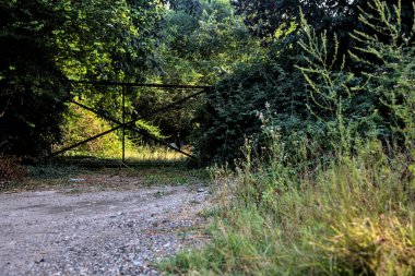 Gün batımında bir koruluktaki toprak yolu kapatan kapı.