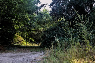 Gün batımında bir koruluktaki toprak yolu kapatan kapı.