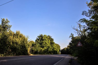Gün batımında kırsalda ağaçlarla çevrili bir yolun kıvrımı