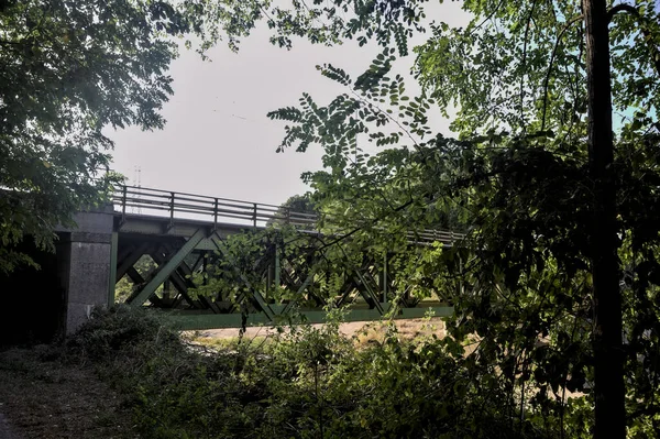 Ścieżka Prowadząca Przejścia Pod Mostem Kolejowym Skraju Wału Lesie Zachodzie — Zdjęcie stockowe