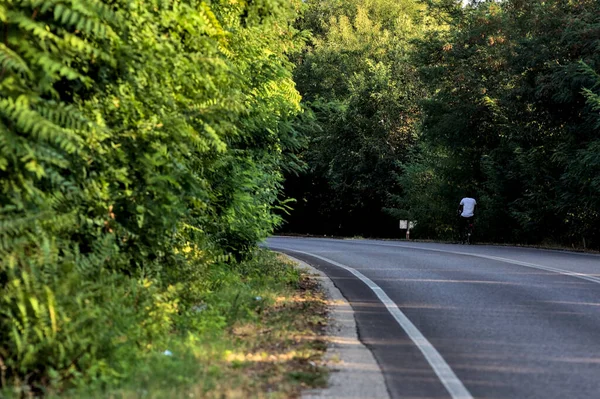 Radfahrer Auf Einer Landstraße Schatten Aus Der Ferne Gesehen — Stockfoto