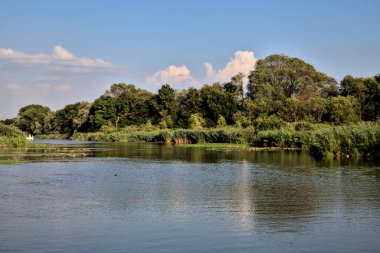 Gün batımında suya yansıyan bir ormanla çevrili bir nehirdeki kanal.