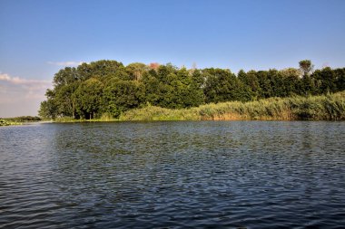 Gün batımında suya yansıyan bir ormanla çevrili bir nehirdeki kanal.
