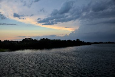 Gün batımında nehir kenarındaki bir parkın silüeti.