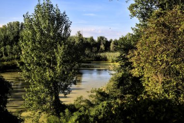 Gün batımında İtalya kırsalındaki bir parkta ağaçlarla çevrili bir nehrin körfezi.