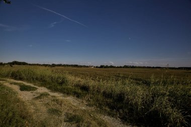 Gün batımında altında tarlalar olan bir setin tepesinde yol