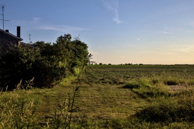 Gün batımında bir kır evi ve ağaçlarla dolu çıplak bir arazi.