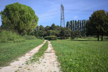 Rock trail in a park with trees bordering it and an electricity mast in the background on a sunny day in the italian countryside