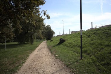 Dirt trail next to an embankment and a lawn dotted with trees in a park by the lakeshore