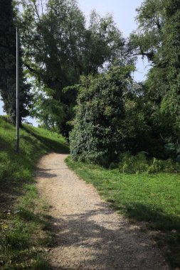 Narrow passage on a trail passing between an embankment and a stone rail with a hedge behind it in a park