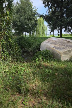 Upside boat lying on a lawn by an inlet of a lake with trees on a sunny day