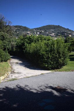 Trail in a garden bordered by bushes with a mountain ridge dotted with buildings on a sunny day seen from a paved trail