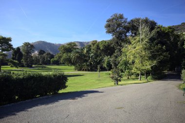 Park with trimmed lawns and trees on a sunny day with a mountain ridge in the background