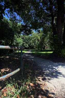 Narrow trail in the shade made by trees and bordered by a metallic rail in a park on a sunny day seen at its beginning