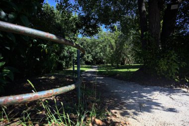 Narrow trail in the shade made by trees and bordered by a metallic rail in a park on a sunny day seen at its beginning