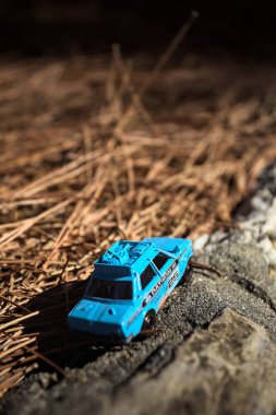 Cenova, İtalya - 17. SEPTEMBER 2025 1970 'lerdeki bir Datsun 510 Rallisi' nin kibrit kutusu kopyası yanında çam iğneleriyle bir dağ sırtında koşuyormuş gibi yapıyor.