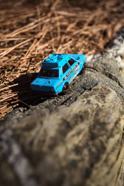 Cenova, İtalya - 17. SEPTEMBER 2025 1970 'lerdeki bir Datsun 510 Rallisi' nin kibrit kutusu kopyası yanında çam iğneleriyle bir dağ sırtında koşuyormuş gibi yapıyor.