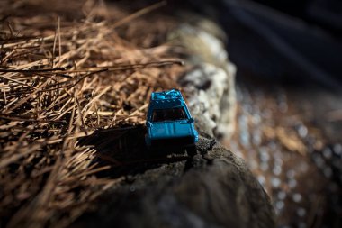 Cenova, İtalya - 17. SEPTEMBER 2025 1970 'lerdeki bir Datsun 510 Rallisi' nin kibrit kutusu kopyası yanında çam iğneleriyle bir dağ sırtında koşuyormuş gibi yapıyor.