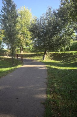 Güneşli bir günde, setin yanındaki ağaçlarla çevrili patika.