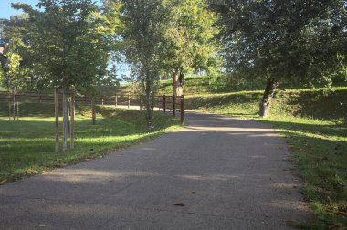 Güneşli bir günde, setin yanındaki ağaçlarla çevrili patika.