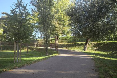 Güneşli bir günde, setin yanındaki ağaçlarla çevrili patika.