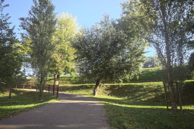 Güneşli bir günde, setin yanındaki ağaçlarla çevrili patika.