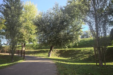 Güneşli bir günde, setin yanındaki ağaçlarla çevrili patika.